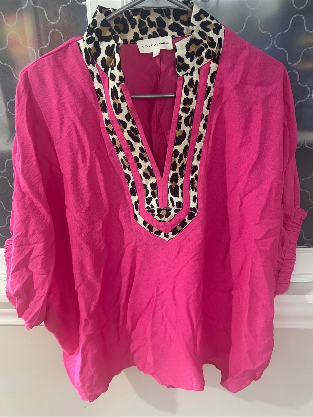 entro Hot Pink Top with Leopard-Trim V-Neck